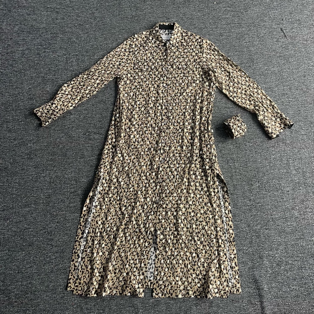 Golden Goose Luxury Designer Cheetah Print Gold Long Sleeve Maxi Dress with Belt